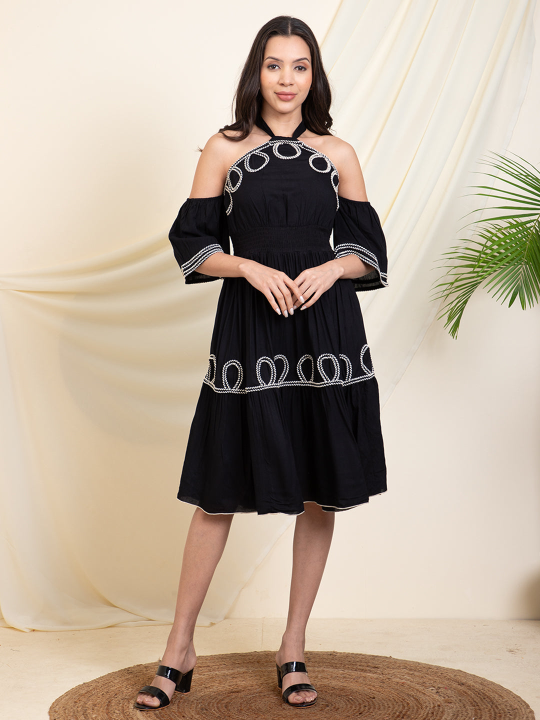 Black Halter Neck Tiered Dress For Women