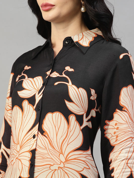 Viscose Muslin Black Big Floral Women's Shirt Dress