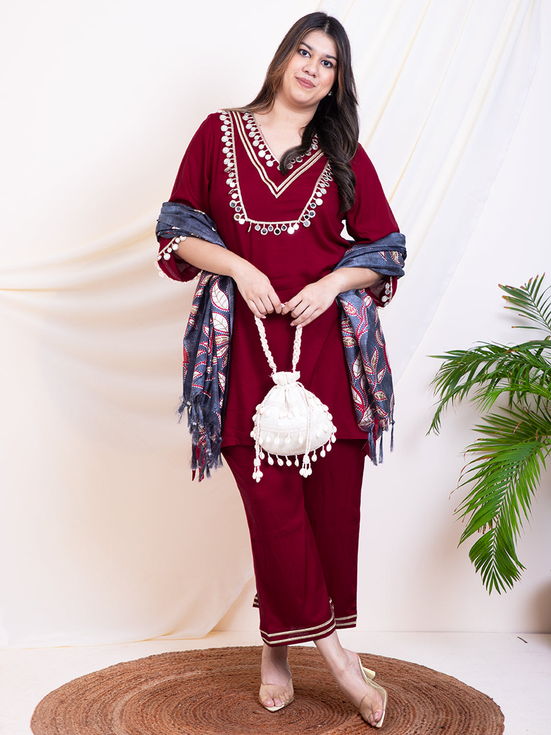 Women's Plus Size Maroon Ethnic Women Kurta Sets With Dupatta