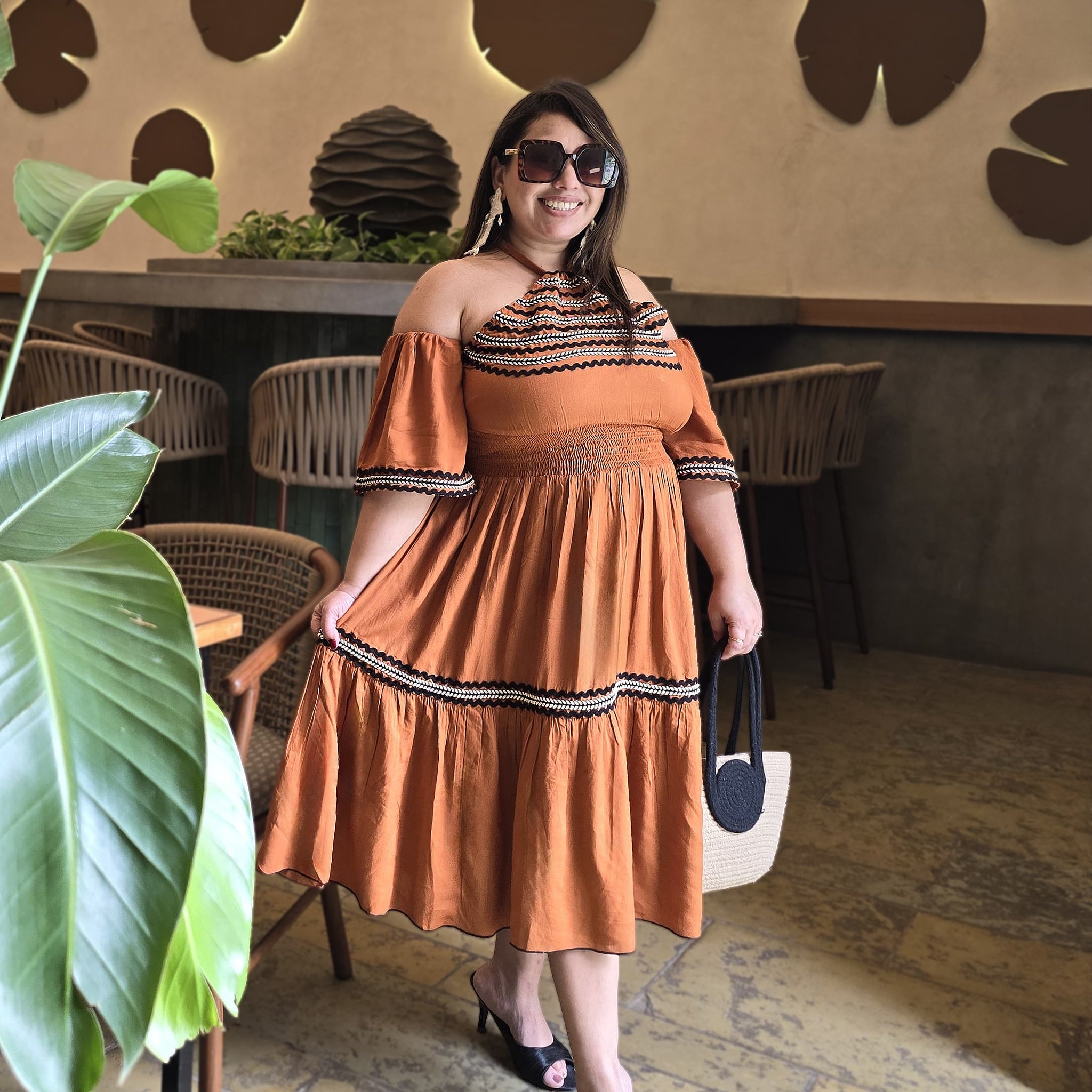 Tan Brown Halter Neck Tiered Women Plus Size Dress