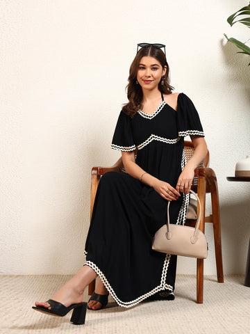 Black Viscose Rayon Solid A Line Slit Womens Dress