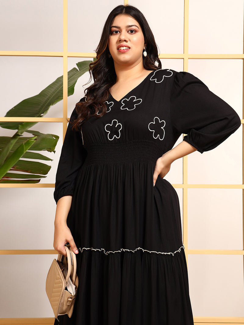 Black Embroidered Tiered Women's Plus Size Maxi Dress