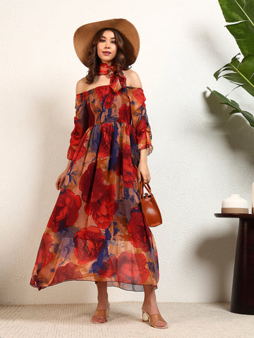 Multicolour Chiffon Floral A-Line Maxi Womens Dress