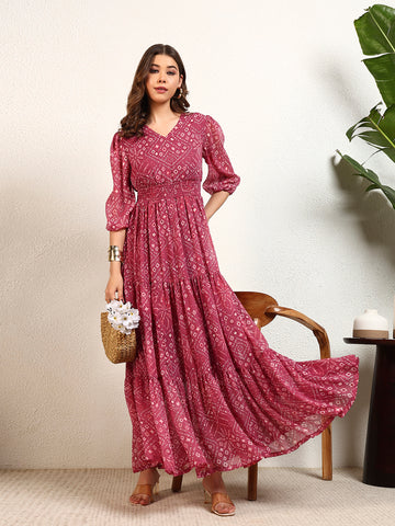Pink Chiffon Bandhani Smocking Tiered Maxi Womens Dress
