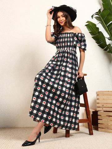 Black Viscose Rayon Check Heart Printed A-Line Womens Dress