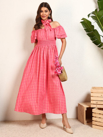 Pink Viscose Rayon Check A-Line Womens Dress
