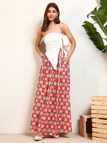 Multicolour Viscose Rayon Heart Printed Checked Womens Skirt