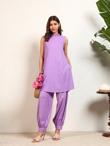 Lavender Cotton Flex Solid Halter Neck Frill Gathered Kurta Pant Women Co-Ord Set