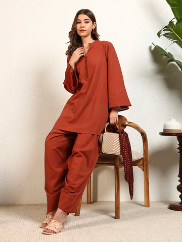 Brown Cotton Flex Solid Mandarin Collar Kurta With Salwar Pant Women Co-Ord Set