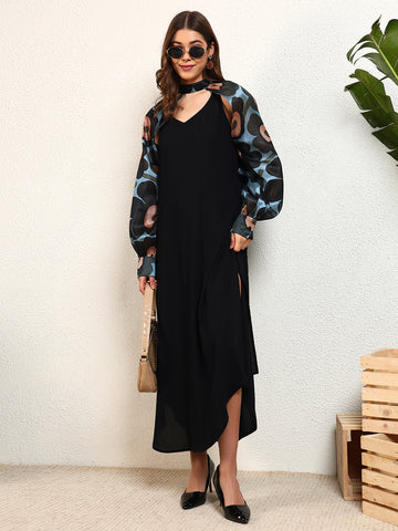Black Viscose Rayon Solid With Floral  Printed A-Line Slit with Cape Womens Dress