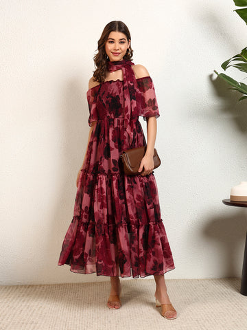 Wine Chiffon Floral Smocked Tiered Womens Dress