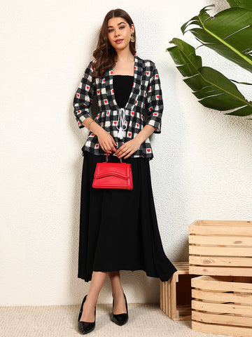 Womens Black Viscose Rayon Solid With Check Heart Printed Peplum Shrug With Dress