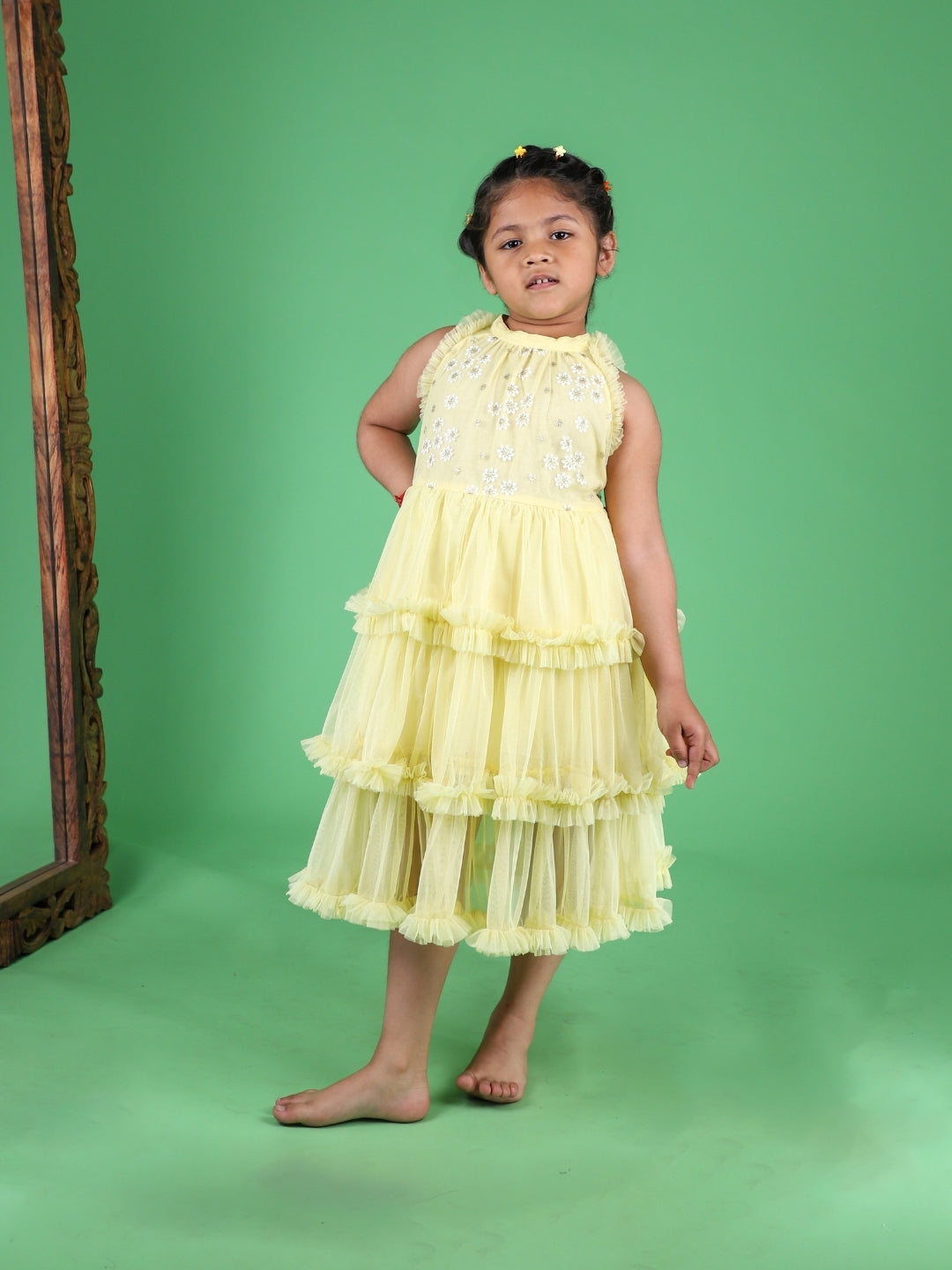 Lemon Yellow Tiered Net Dress For Girls