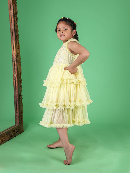 Lemon Yellow Tiered Net Dress For Girls