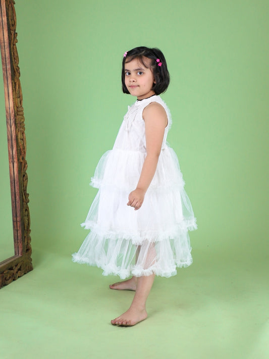 White Tiered Net Dress For Girls