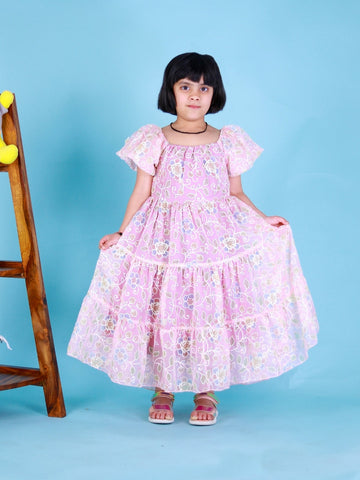 Peach  Floral Embroidered Girls Tiered Dress