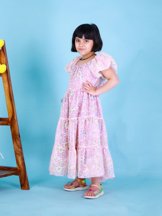 Peach  Floral Embroidered Girls Tiered Dress