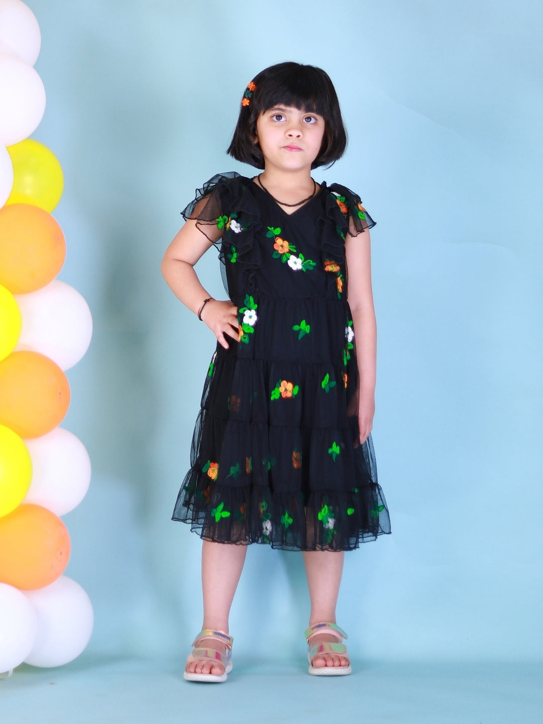 Black Net With Embroidered Girls Tiered Dress