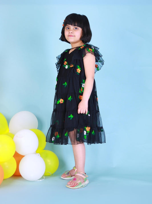 Black Net With Embroidered Girls Tiered Dress