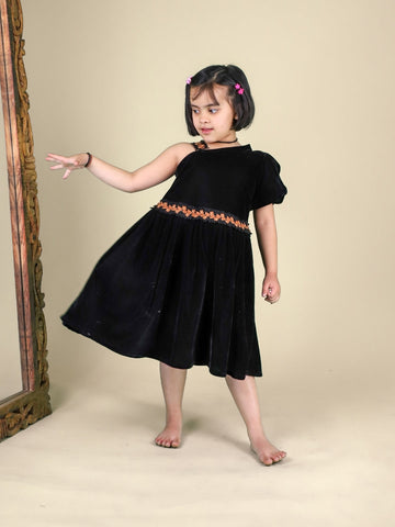 Black Velvet One Shoulder Girls Dress