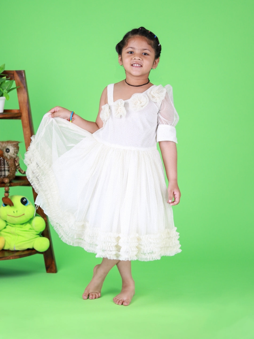 Off White Glitter One Shoulder Dress For Girls