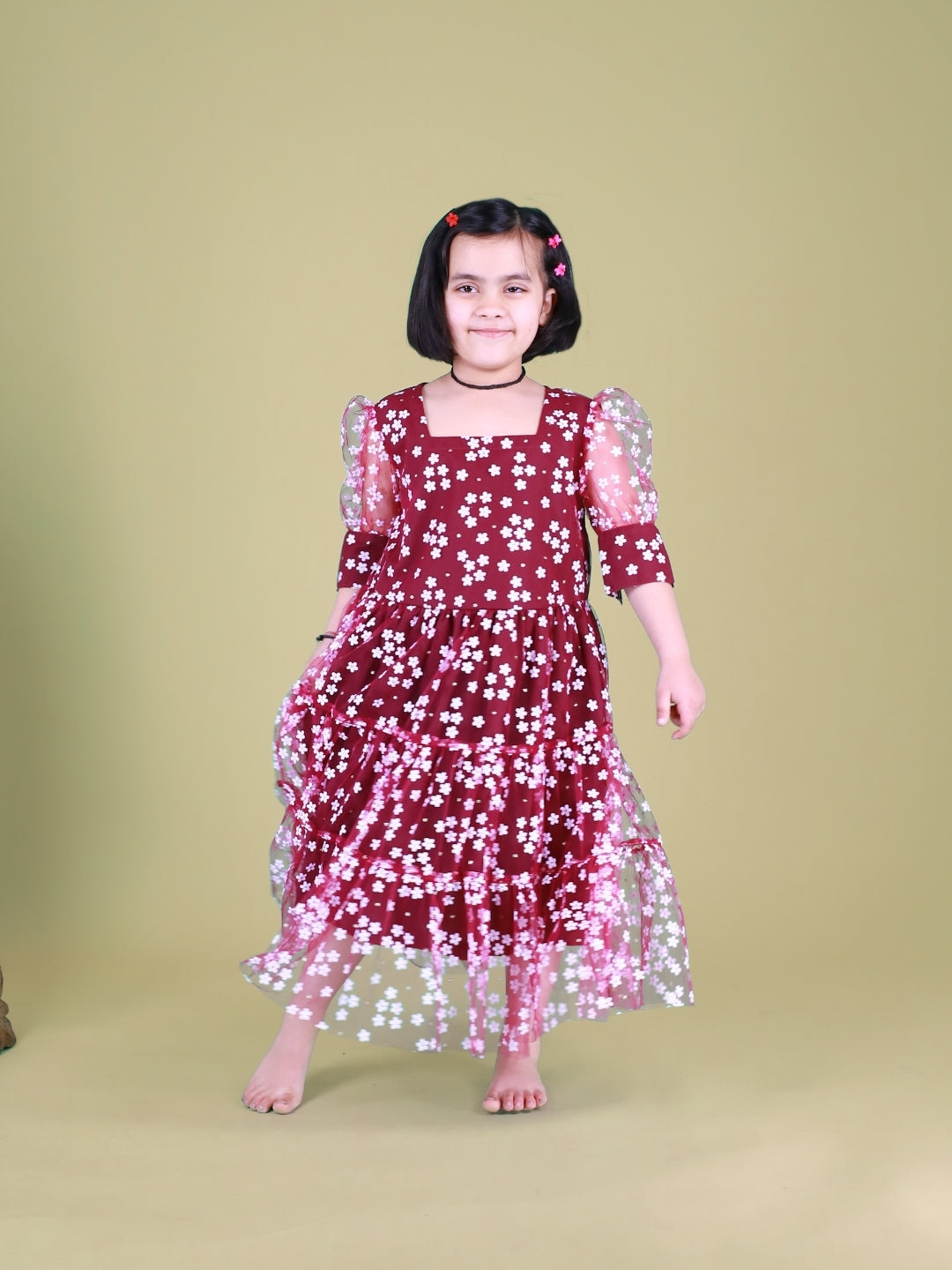 Wine Floral With Glitter Tiered Dress For Girls