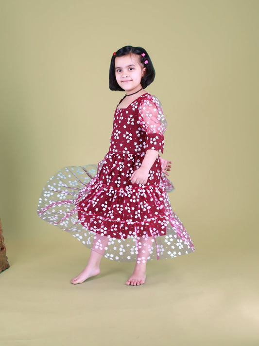 Wine Floral With Glitter Tiered Dress For Girls