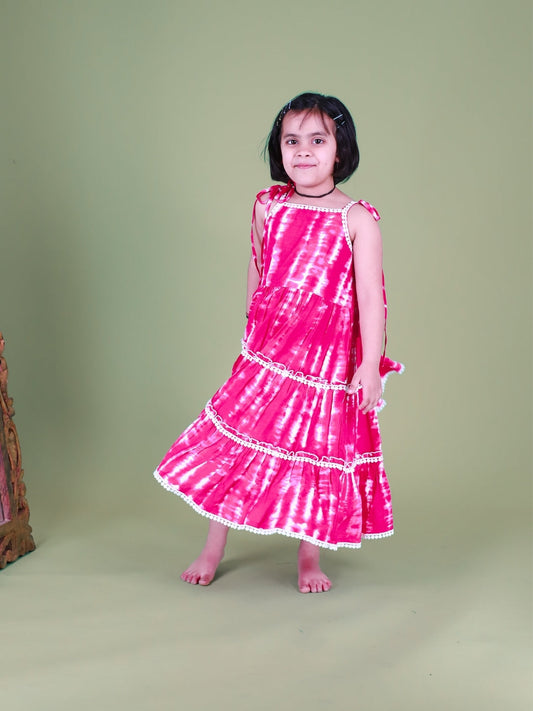 Magenta Tie Dye Tiered Dress For Girls