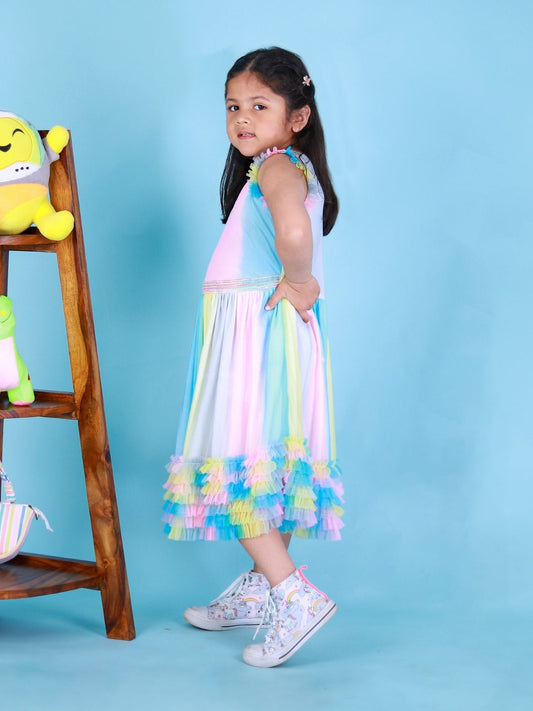 Rainbow Coloured Printed One Shoulder Flared Dress For Girls