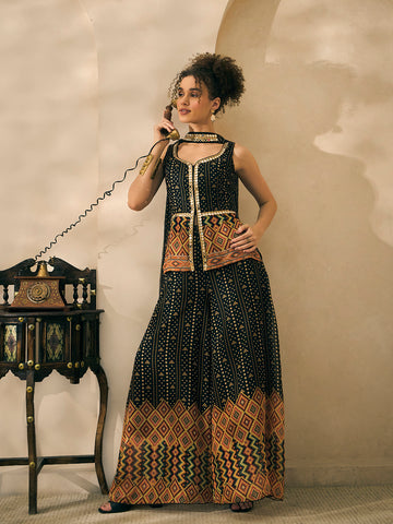 Black Bandhani Corset Top And Palazzo With Dupatta Women 3 Piece Set