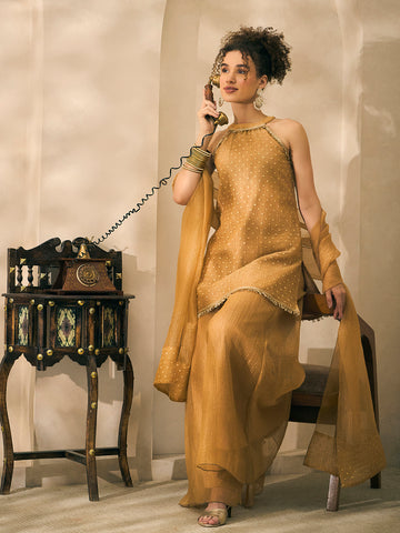 Halter Neck Golden Shimmer Kurta With Palazzo With Dupatta Indo Western Women 3 Piece Set