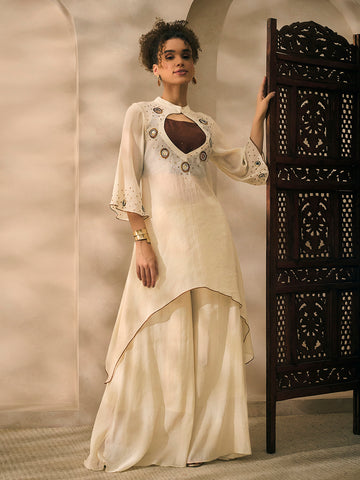 Off White C-Cut Embroidered Kurti With Palazzo With Bustier Women Indo Western 3 Piece Set