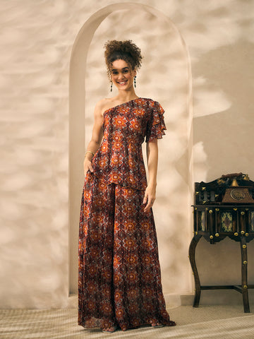 Multi Colour One Shoulder Top With Palazzo Indo Western Women Set