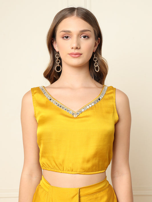 Yellow Crop Top And Printed Shrug With Dhoti Indo Western Women Co-Ord Set