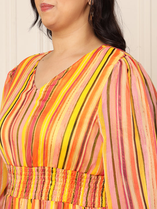 Women's Plus Size Multi-Colour Striped Printed Tiered Maxi Dress