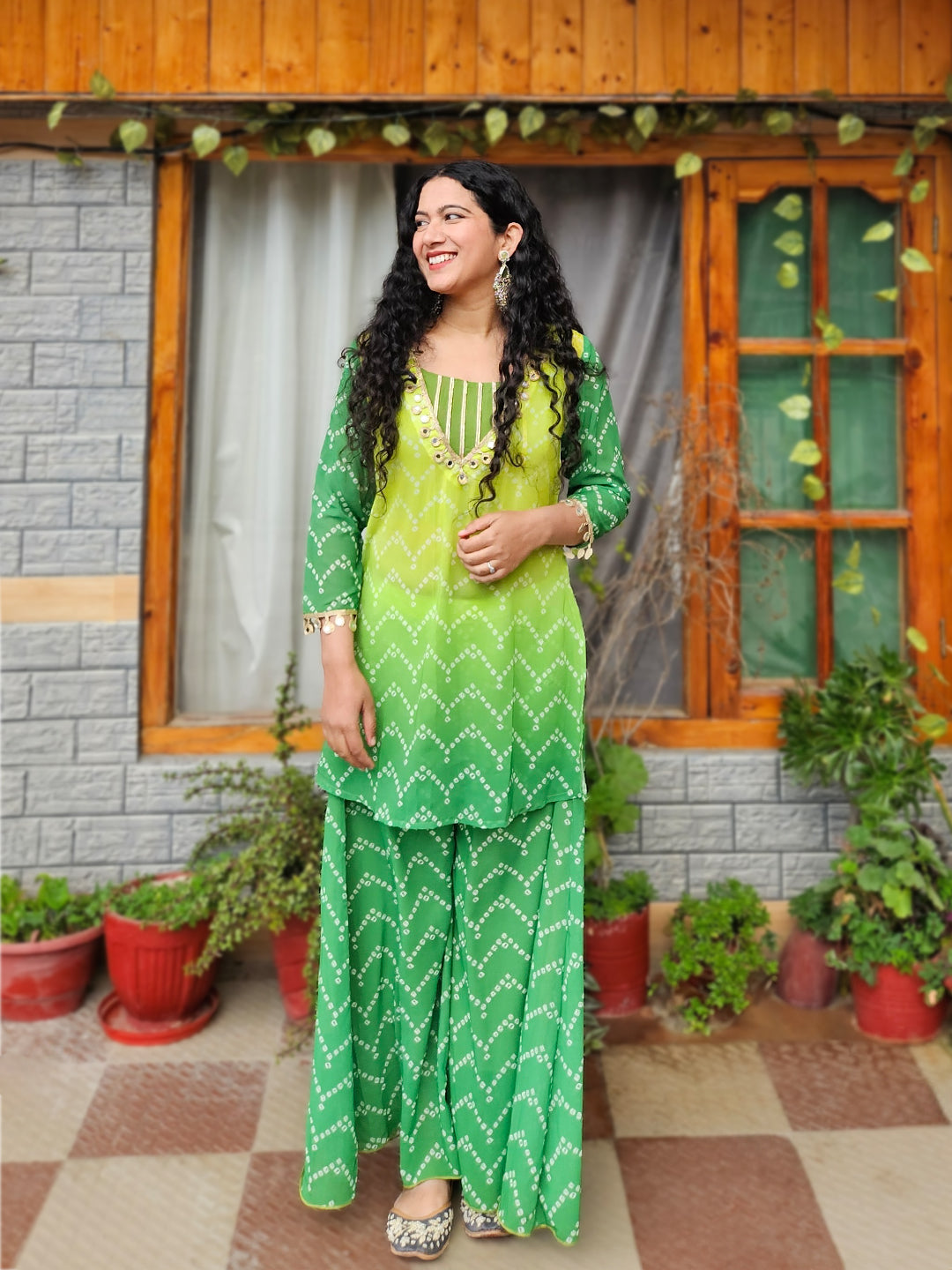 Green Printed Indo Western Co-Ord Set