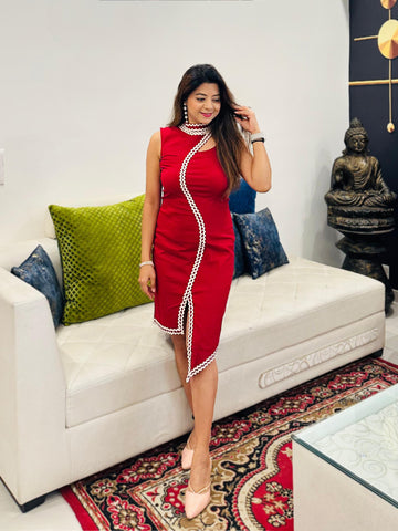 Maroon Body Con With High Neck Women Dress