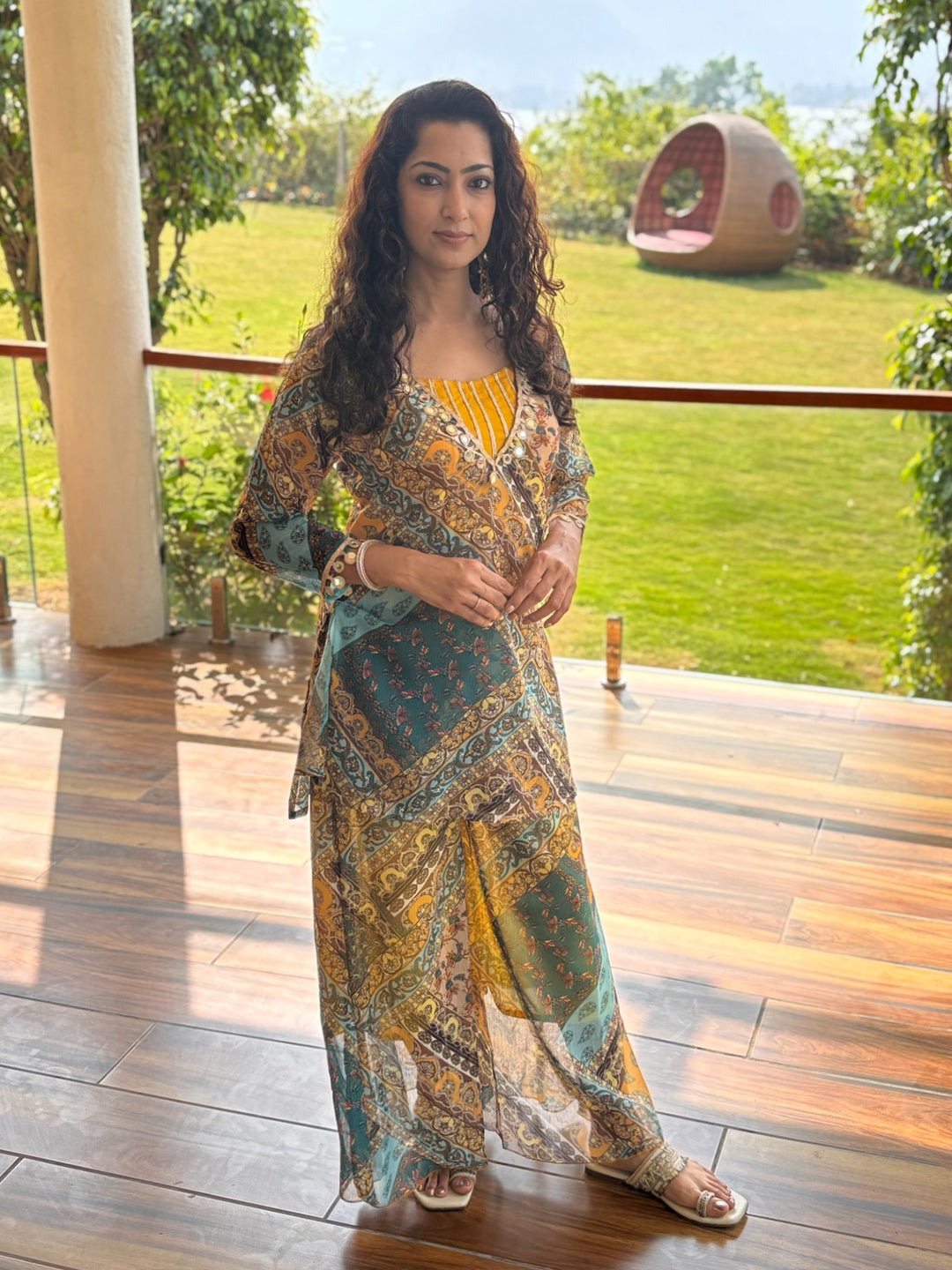 Paisley Patch Printed Kurti With Crop Top With Palazzo Women Set