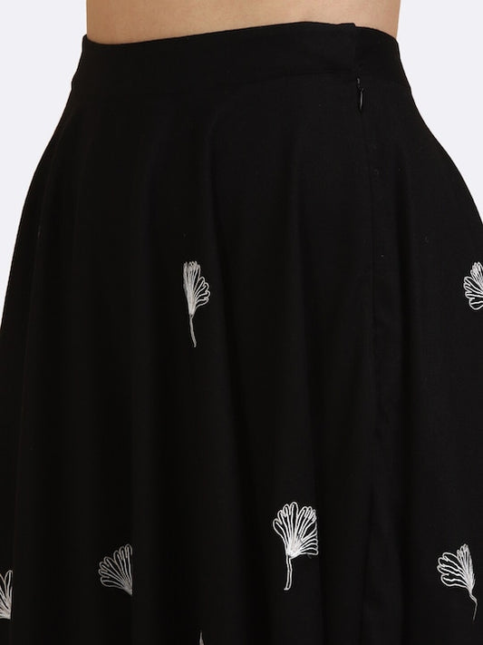 Women's Black White Embroidered Rayon Flared Mini Skirt