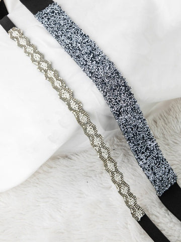 Women's Set Of 2 Silver-Toned White Sequin Beaded Embellished Stretchable PU Belt
