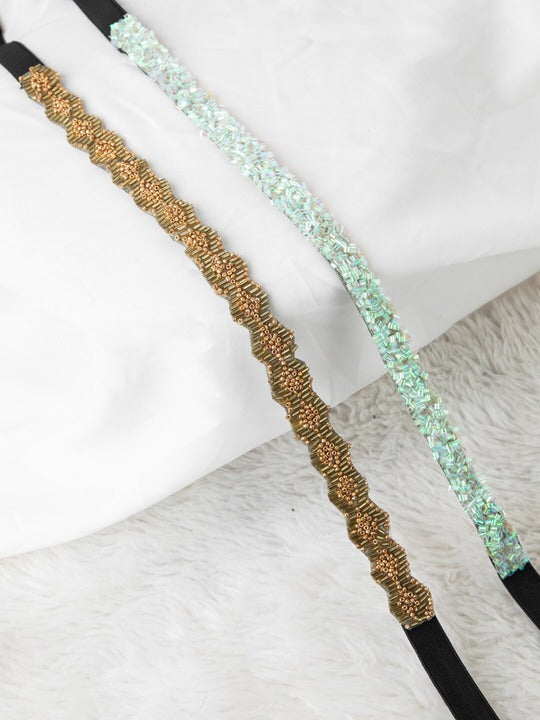 Woman Pack of 2 White Golden Sequinned Embellished PU Belt