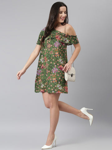 Olive Green Floral Rayon One Shoulder A-Line Dress