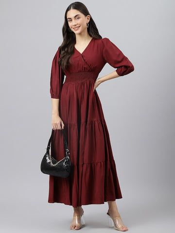 Maroon A-Line Tiered Maxi Dress