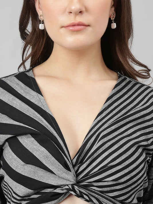 Grey Stripes Printed Pure Cotton Wrap Style Crop Top