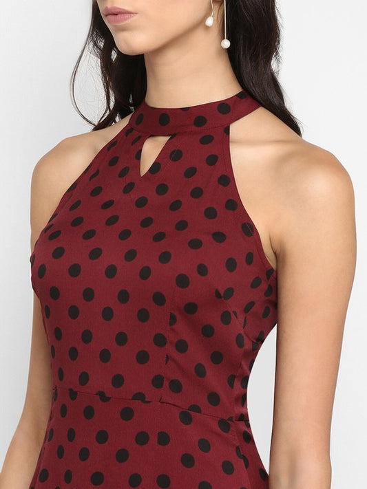 Maroon Keyhole Neck Polka Dot Printed Midi Dress