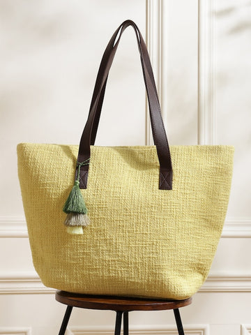 Lemon and Chocolate brown Jacquard Self Design Tote Bag with Tassel Detail