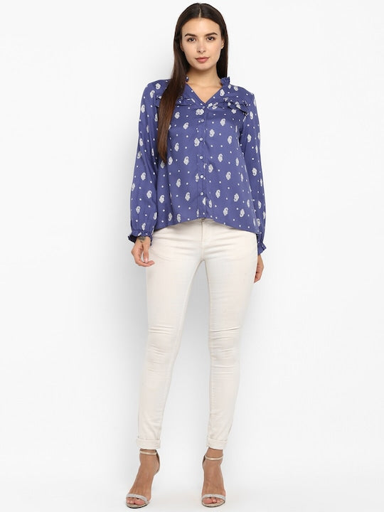 Blue Floral Cotton Mandarin Collar Shirt Style Top