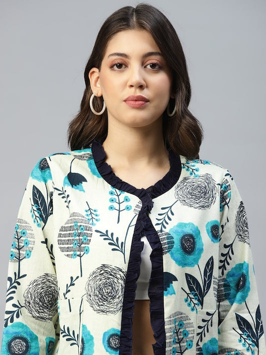Off White Floral Printed Women's Shrug