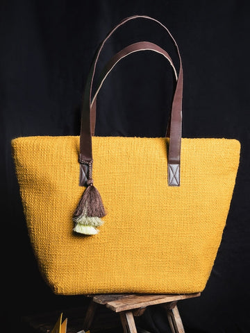 Mustard Jacquard Self Design Tote Bag with Tassel Detail