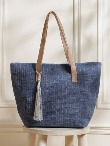 Blue and Off – White Jacquard Self Design Tote Bag with Tassel Detail